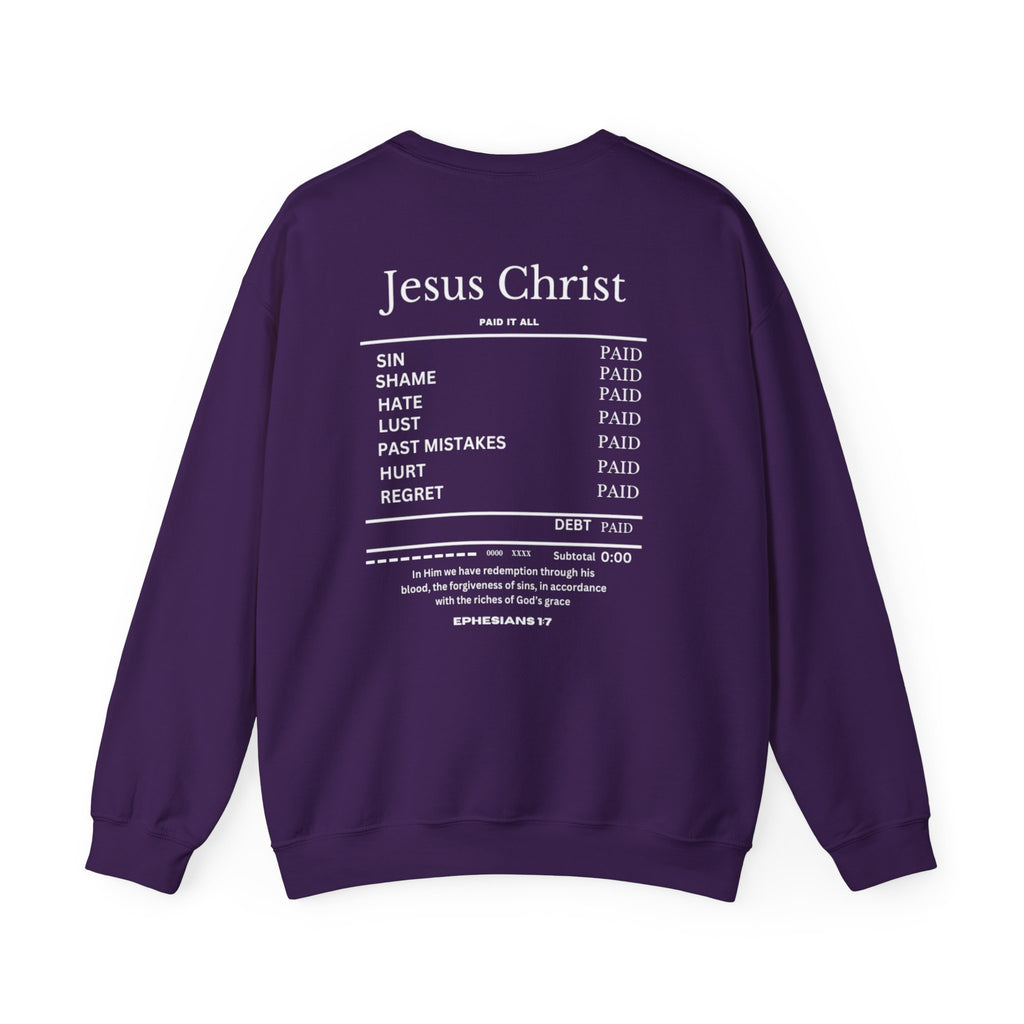Purple sweater with "Jesus Christ" text and list graphic on back