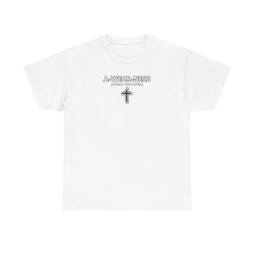 White T-shirt with A-WEAR-NESS logo and small cross graphic on chest