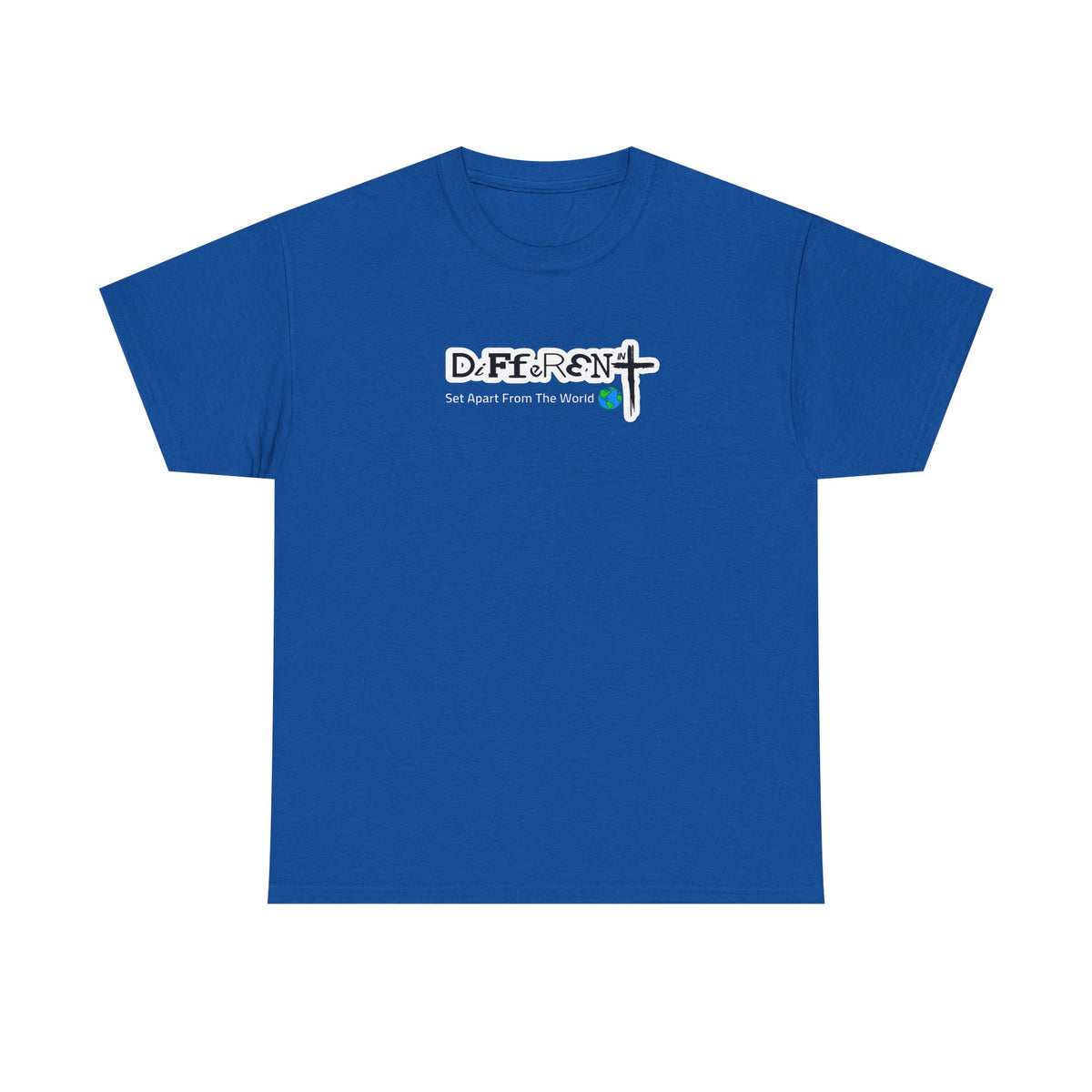 Royal blue crewneck T-shirt with small front typographic logo graphic