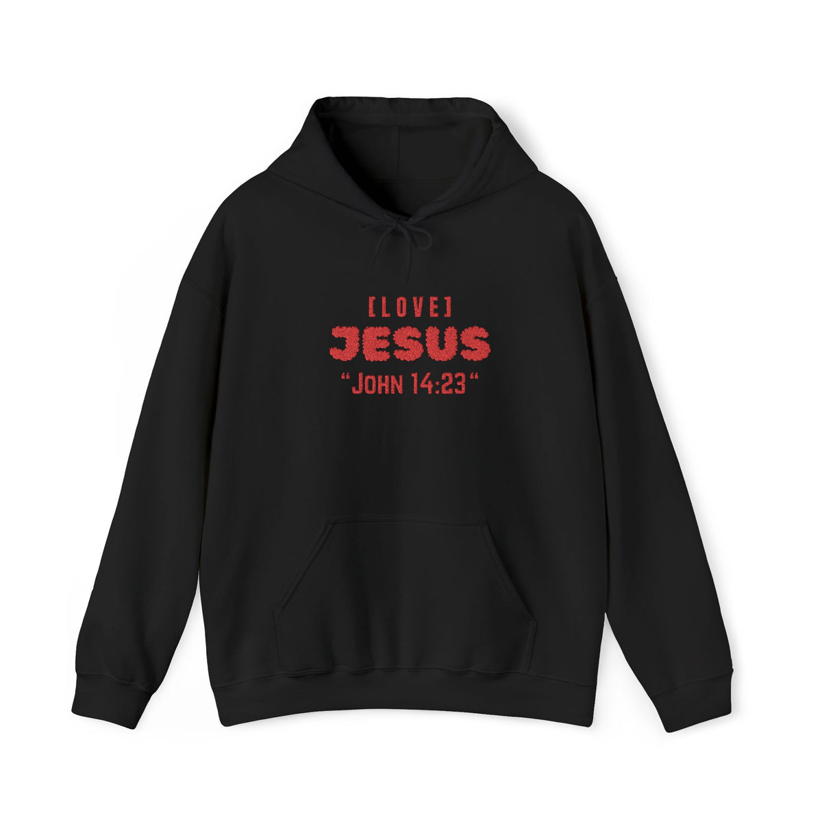 Black hoodie with front pocket and red 'LOVE JESUS' text