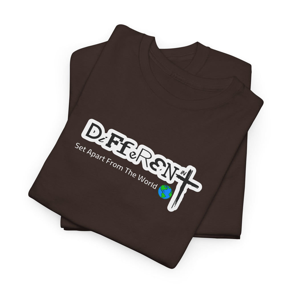 Dark brown T-shirt with DiFfeR3Nt front graphic and globe icon