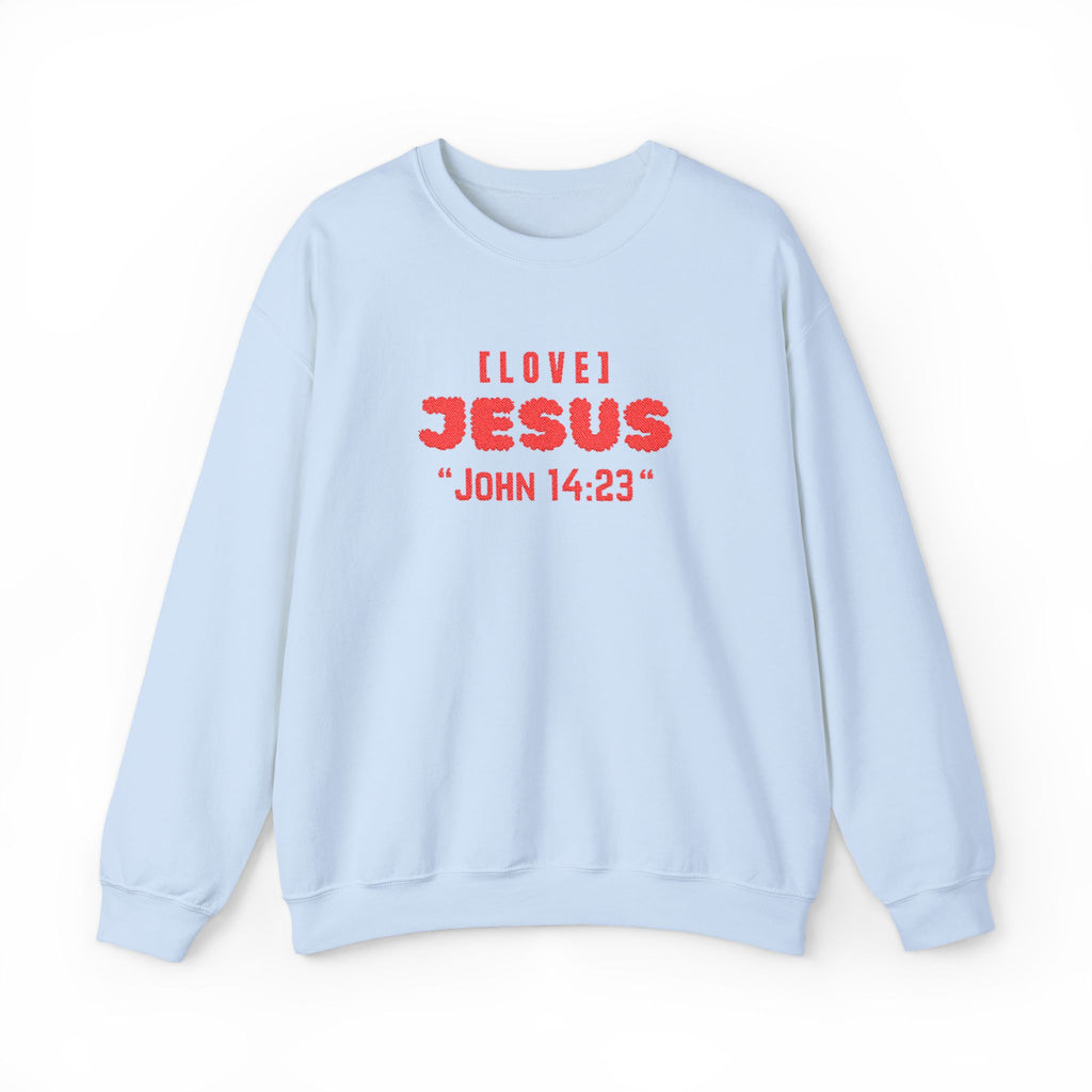 Light blue crewneck sweater with "I LOVE JESUS" "JOHN 14:23" front print