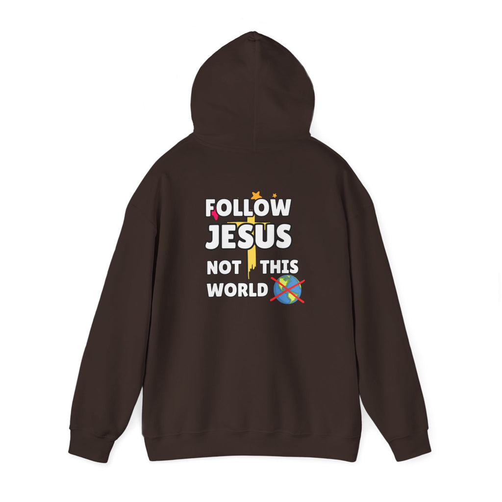 Dark brown hoodie with back "FOLLOW JESUS NOT THIS WORLD" graphic