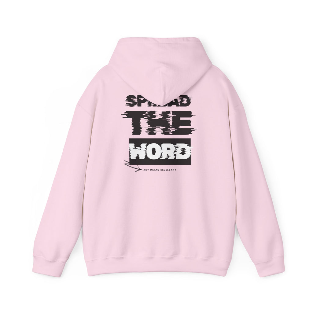 Light pink hoodie with drawstring hood and large back “SPREAD THE WORD” print
