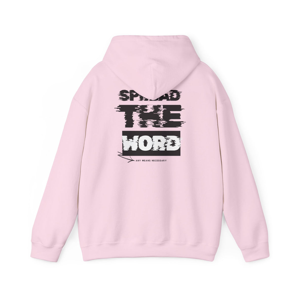 Light pink hoodie with drawstring hood and large back “SPREAD THE WORD” print