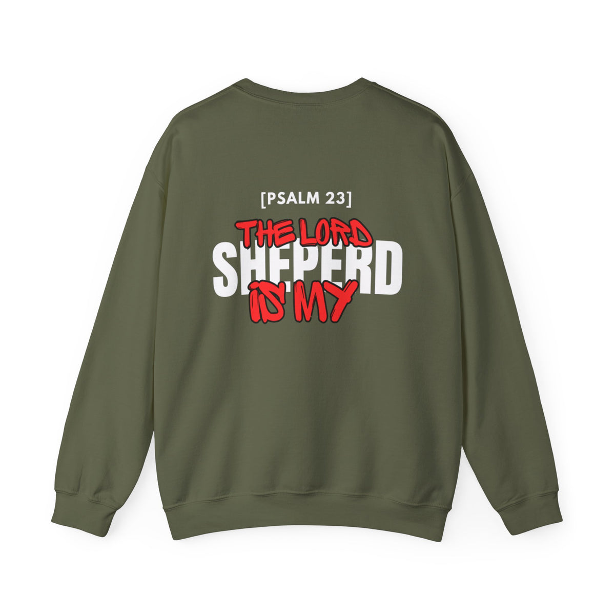 Olive green crewneck sweater with Psalm 23 text and red/white front graphic