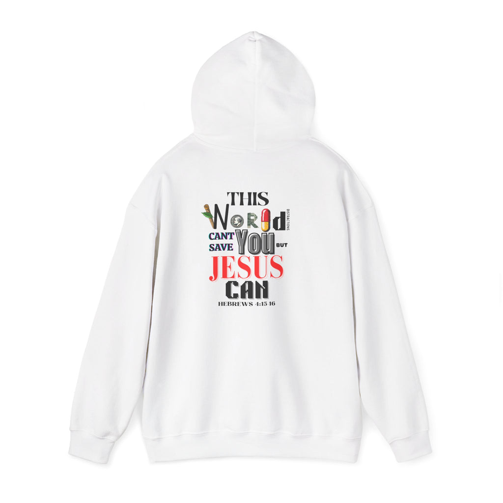 White hoodie with drawstring hood and large back “World” and “Jesus” graphic