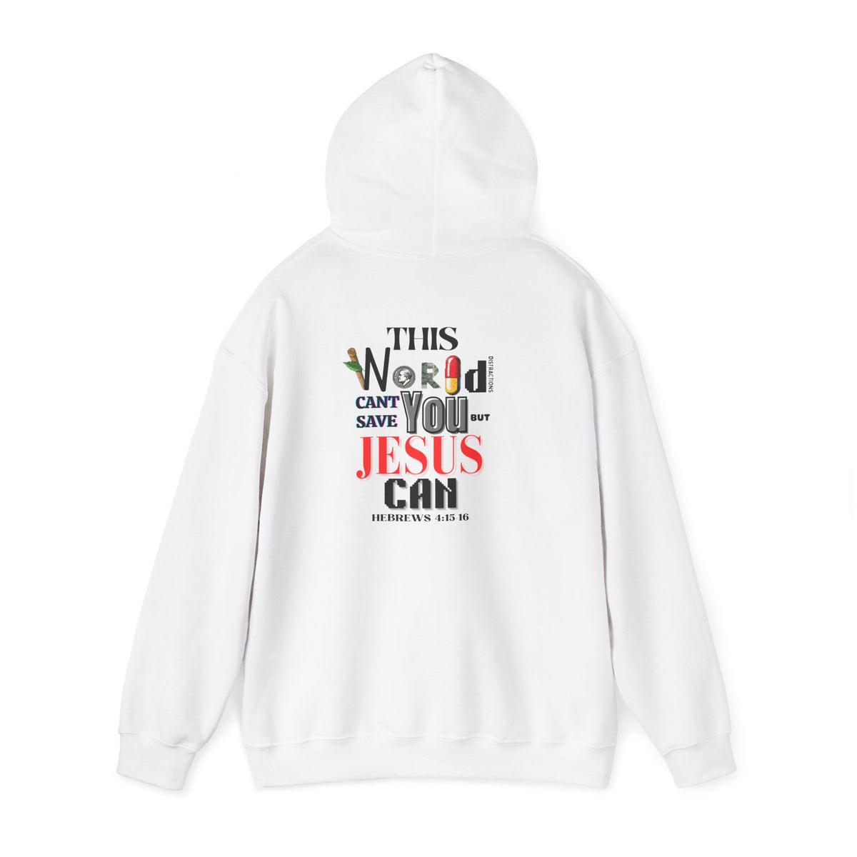 White hoodie with drawstring hood and large back “World” and “Jesus” graphic