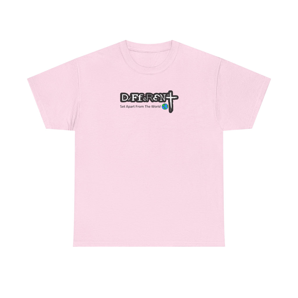 Light pink crewneck T-shirt with small front typographic logo graphic