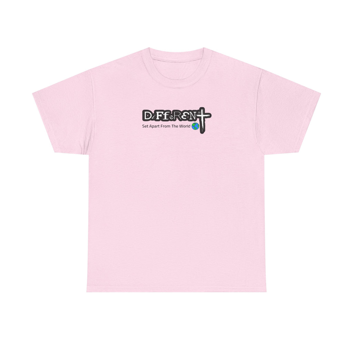 Light pink crewneck T-shirt with small front typographic logo graphic