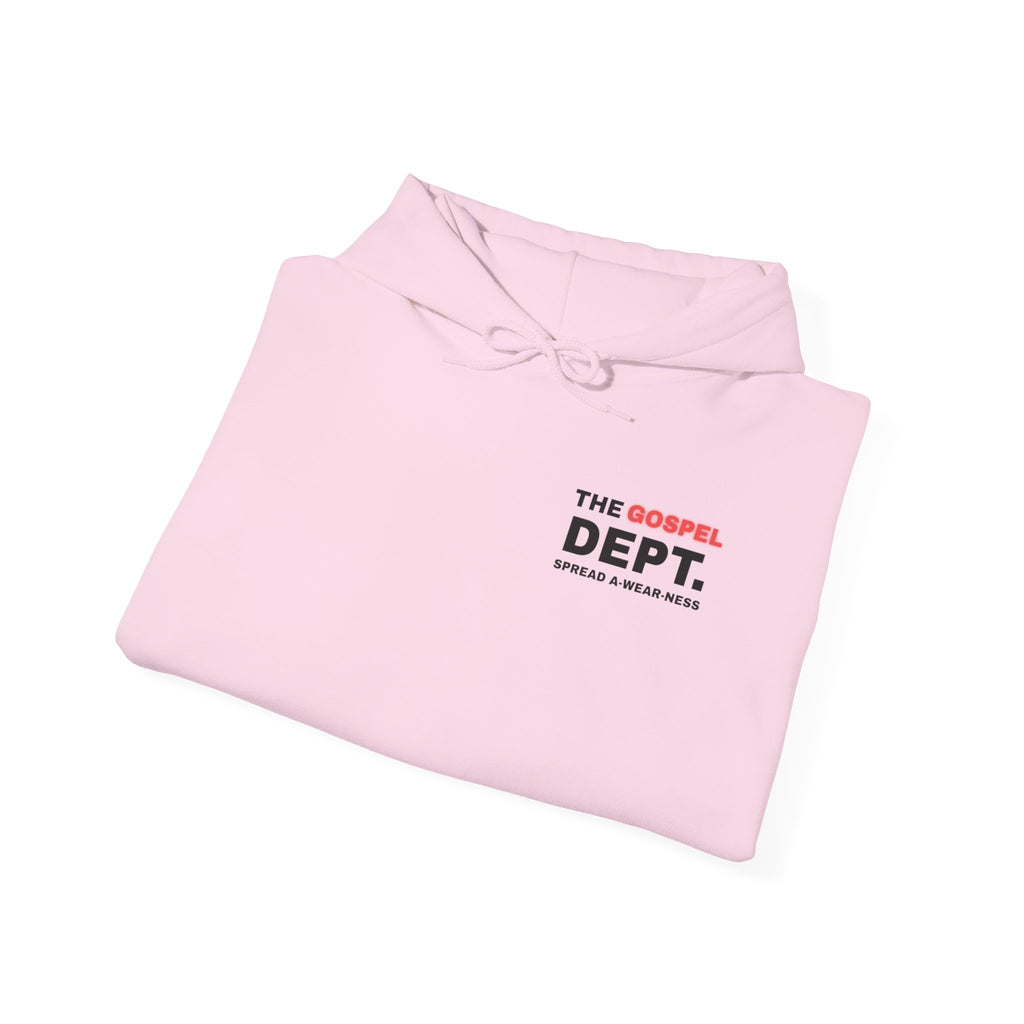 Gospel Dept. hoodie, light pink, folded view with hood, pouch pocket, and logo print