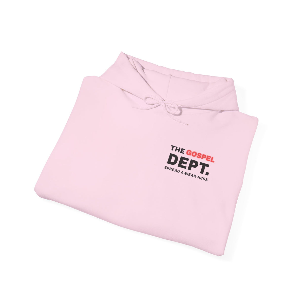 Gospel Dept. hoodie, light pink, folded view with hood, pouch pocket, and logo print