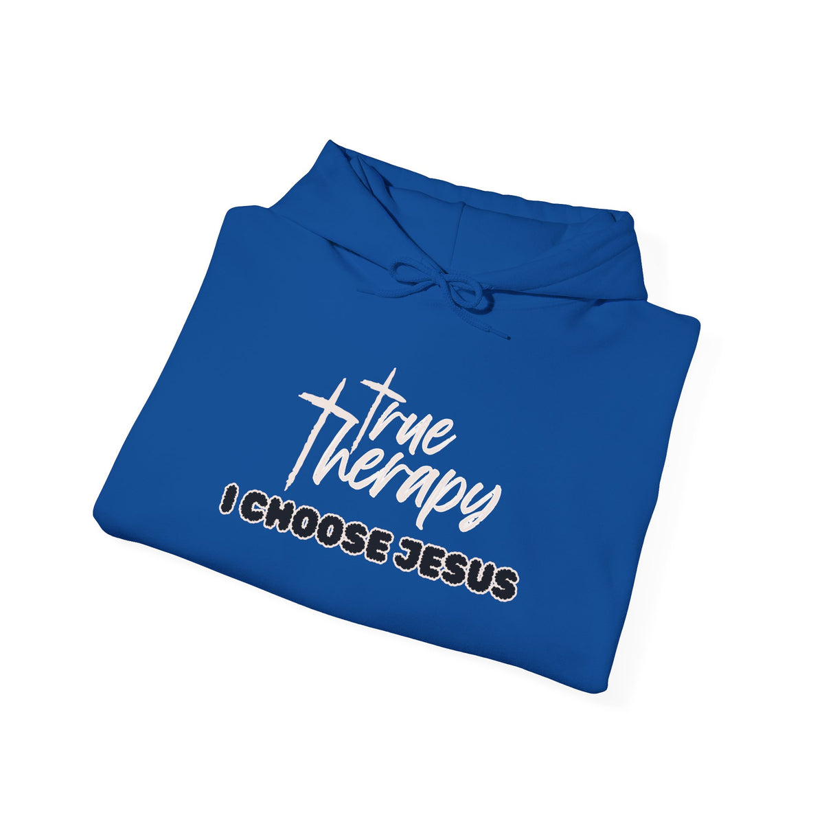Blue hoodie with hood and kangaroo pocket, 'True Therapy Chooses Jesus' front graphic