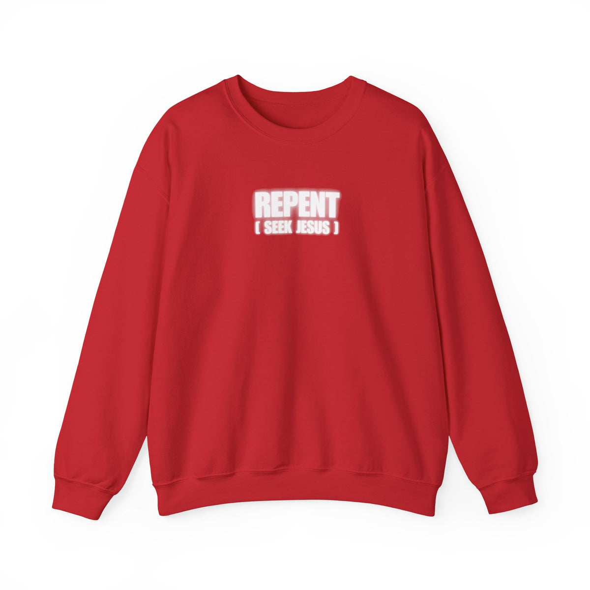Red crewneck sweater with REPENT graphic on the chest and ribbed cuffs