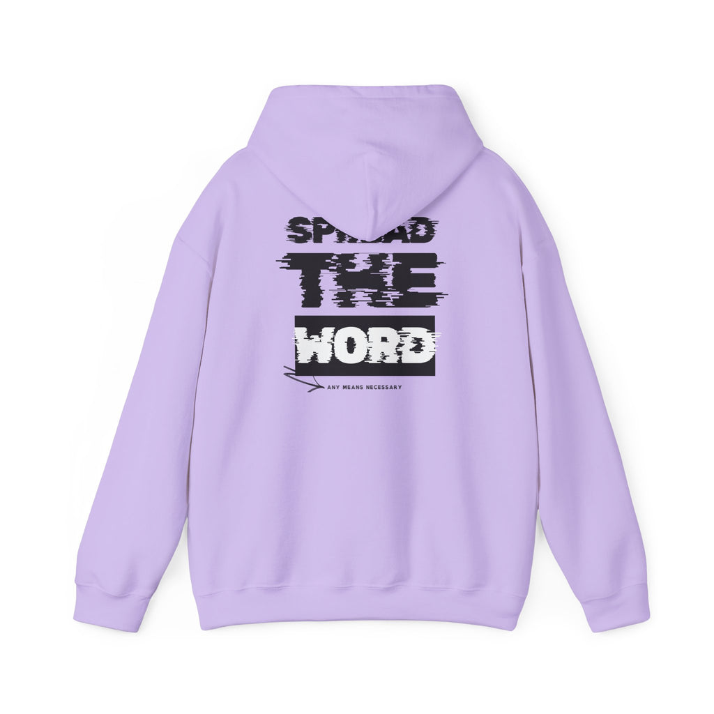 Lavender hoodie with drawstring hood and large back “SPREAD THE WORD” print