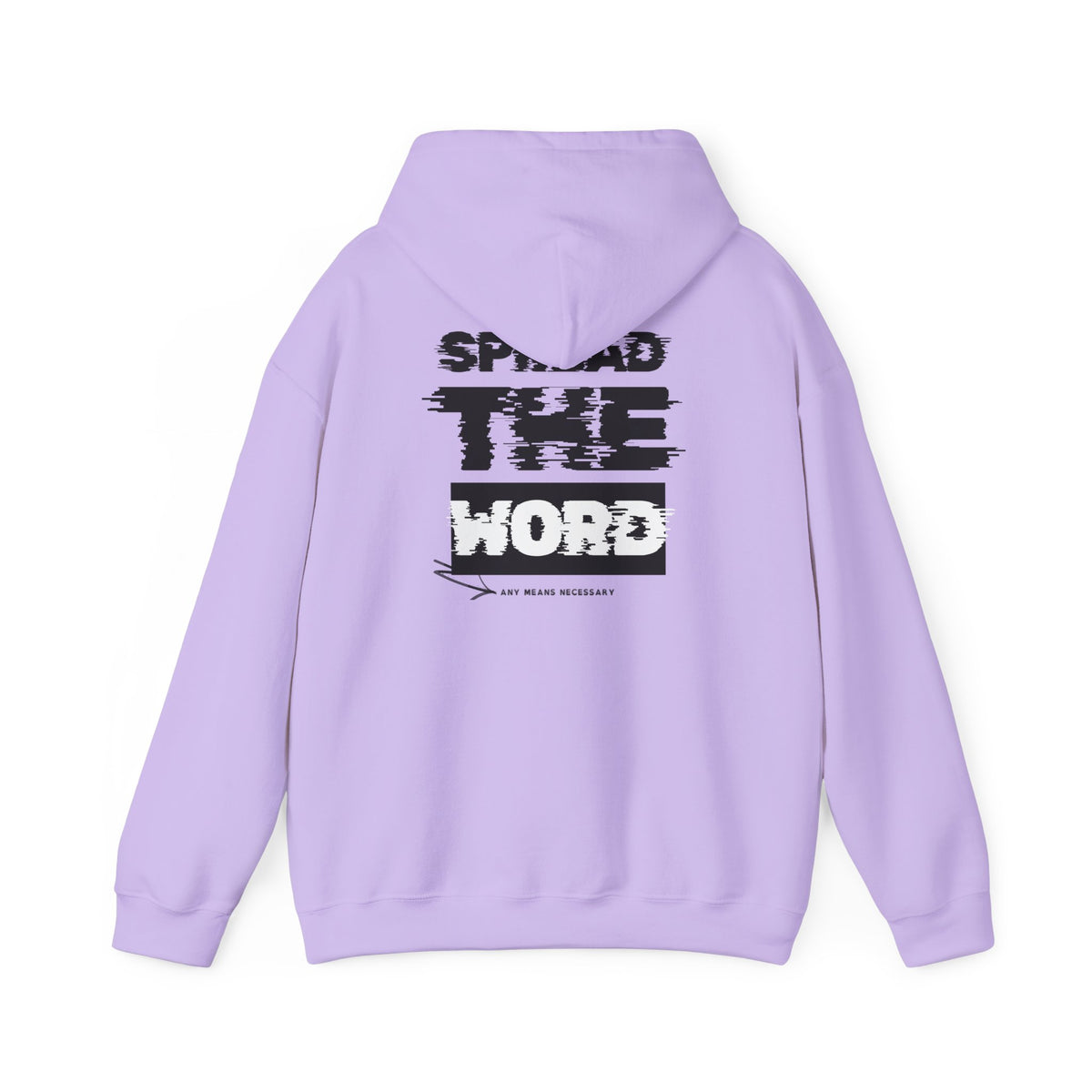 Lavender hoodie with drawstring hood and large back “SPREAD THE WORD” print