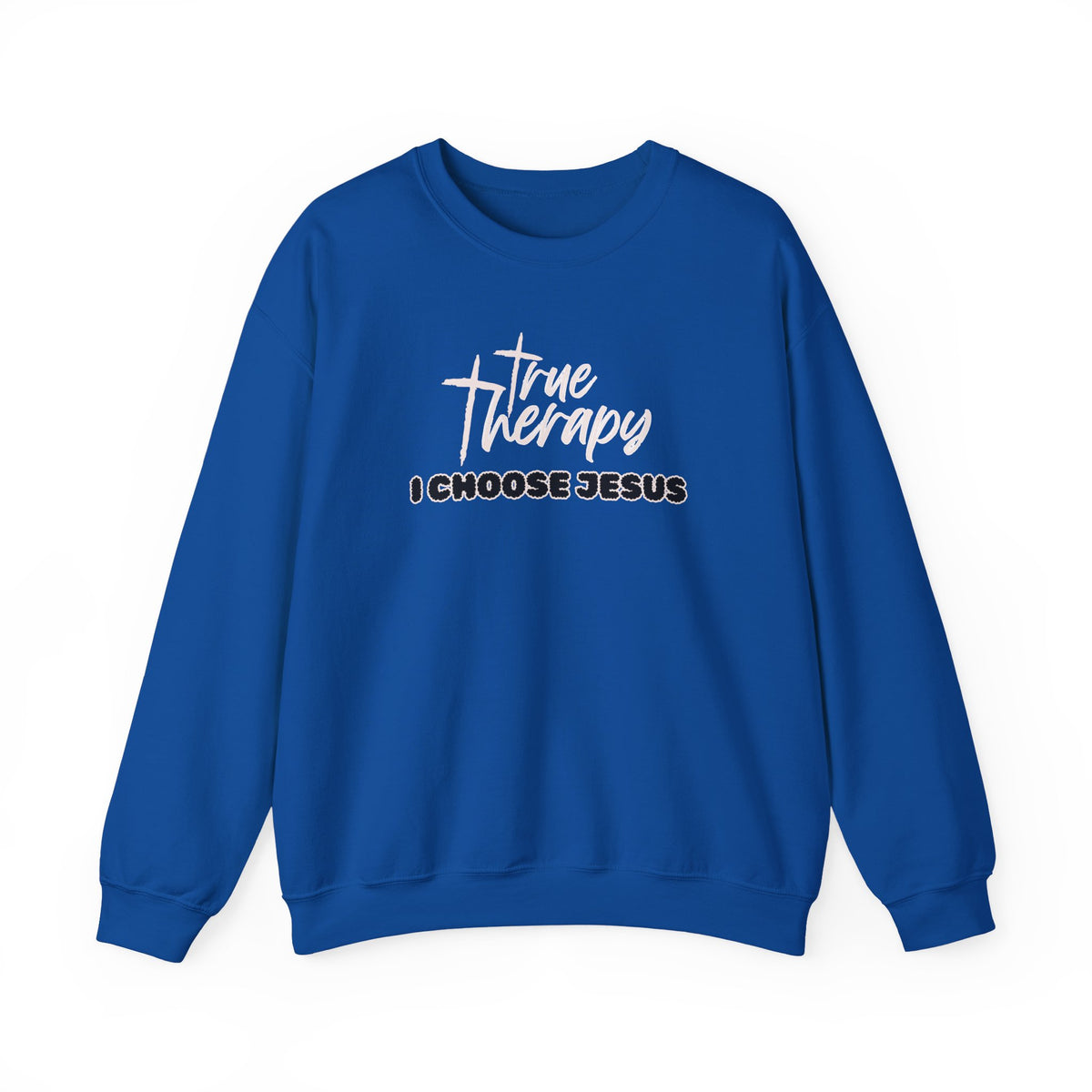 Royal blue crewneck sweater with long sleeves and front graphic print