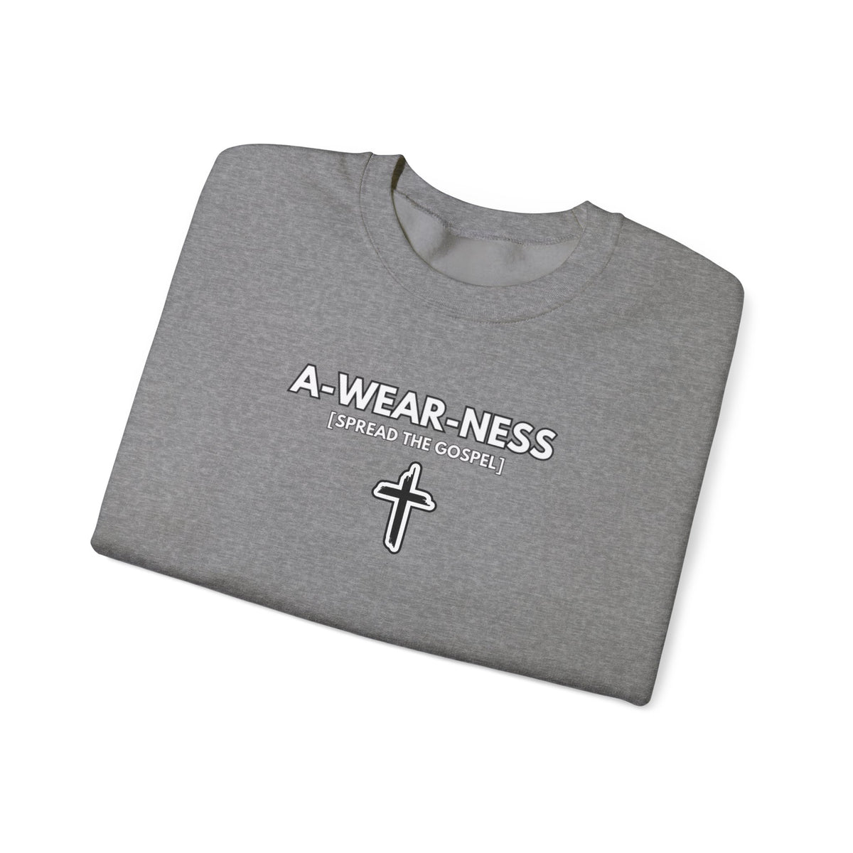 A-WEAR-NESS heather gray crewneck sweater with cross graphic
