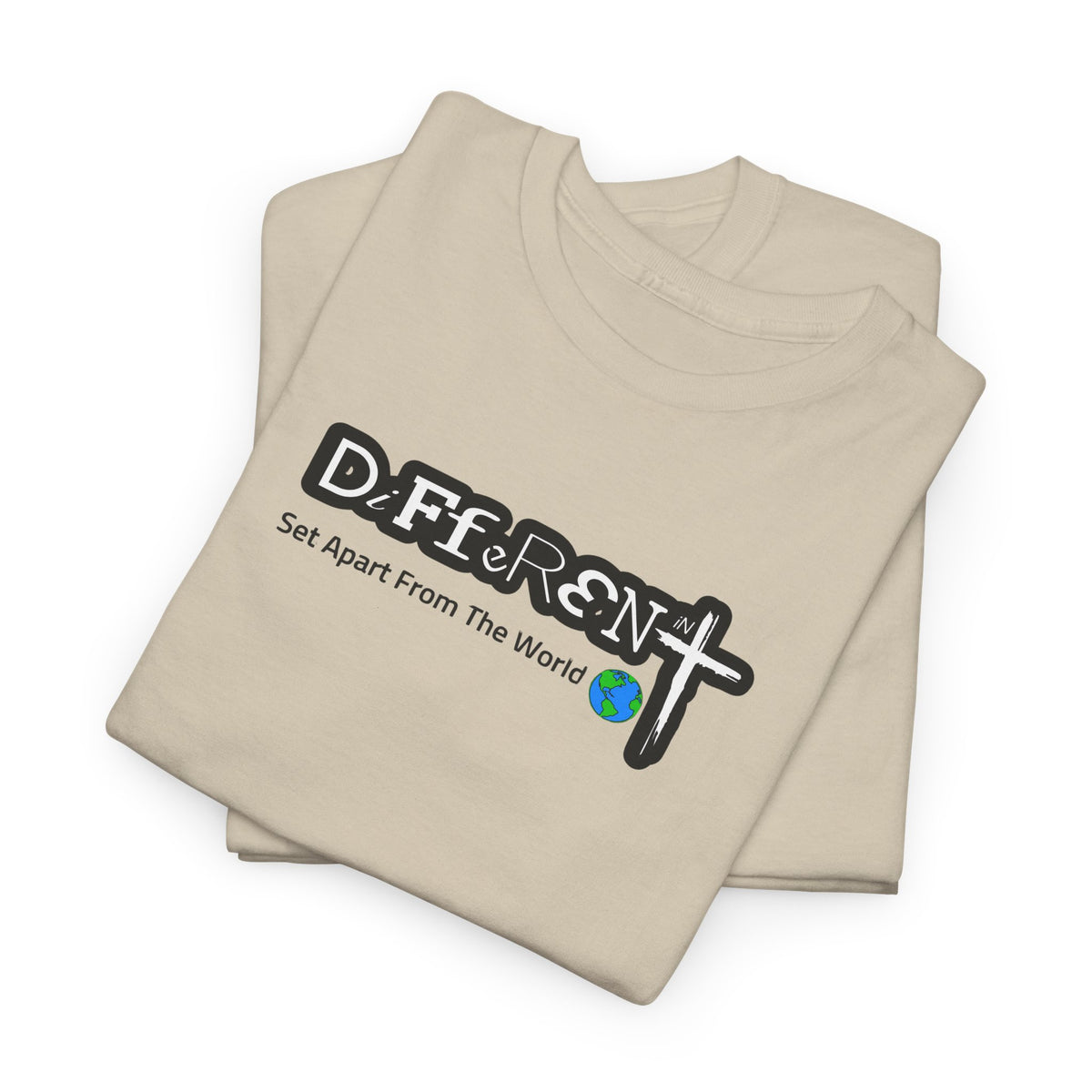 Sand beige crewneck T-shirt, folded look, with front typographic logo graphic