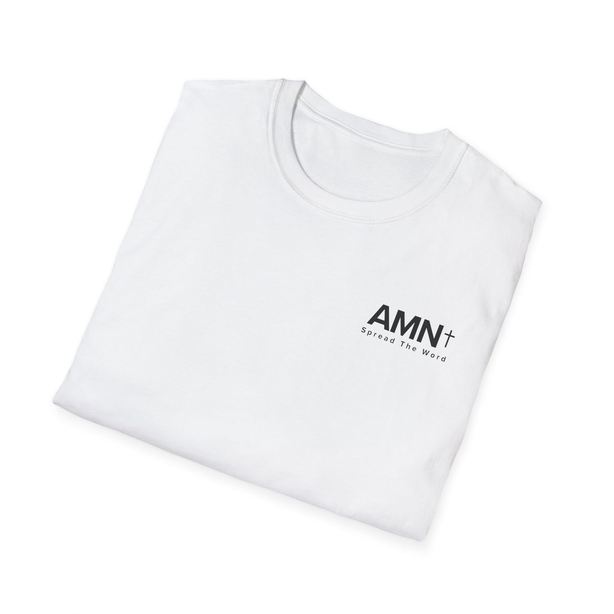 White T-shirt with crew neck and small AMN+ chest logo