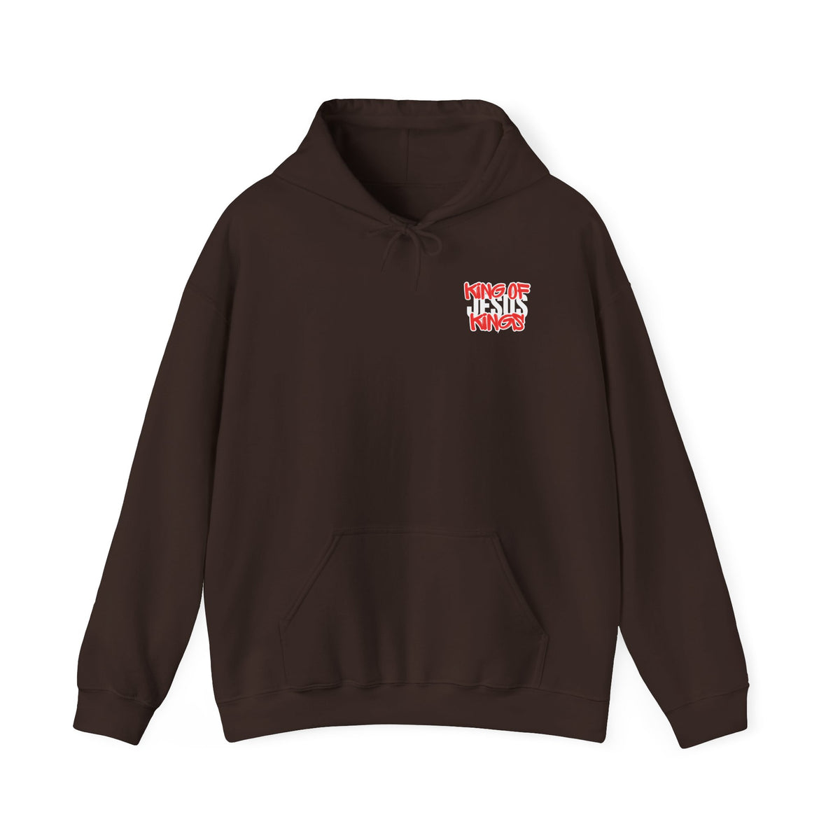 Dark brown hoodie with front logo graphic and drawstring hood