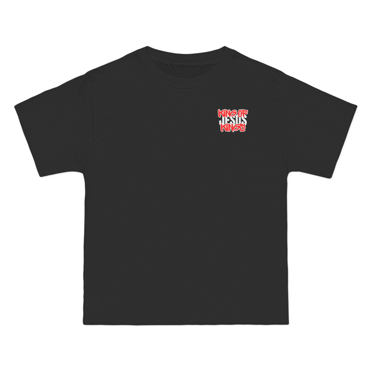 Oversized black T-shirt with small red and white chest graphic, crew neck