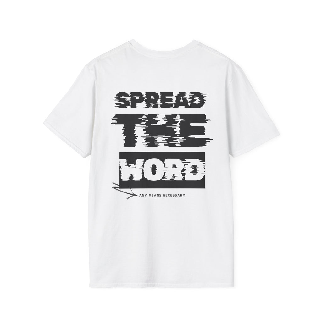 White T-shirt with large SPREAD THE WORD graphic print