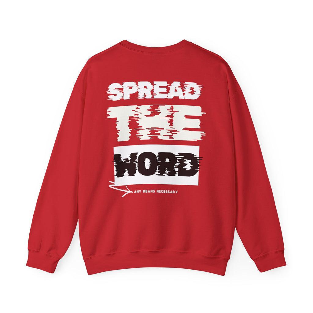 Red crewneck sweater with “SPEAK YOUR” graphic print on the back