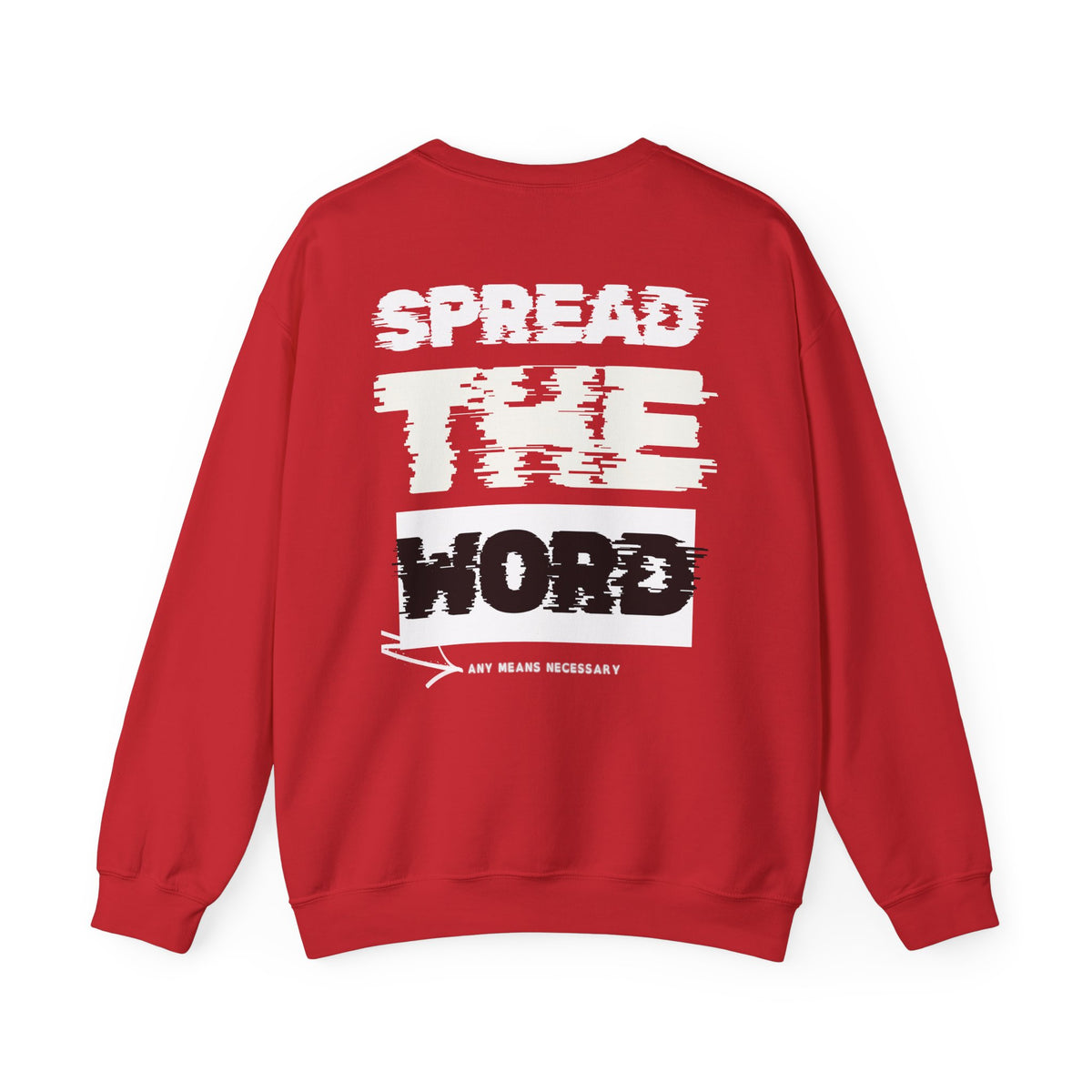 Red crewneck sweater with “SPEAK YOUR” graphic print on the back