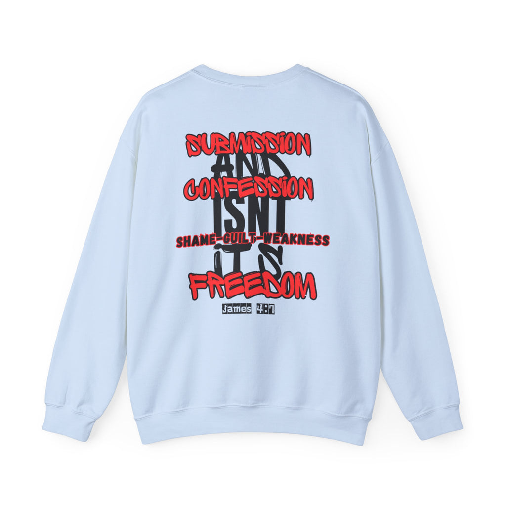 Light blue crewneck sweater with back typography and red word art print