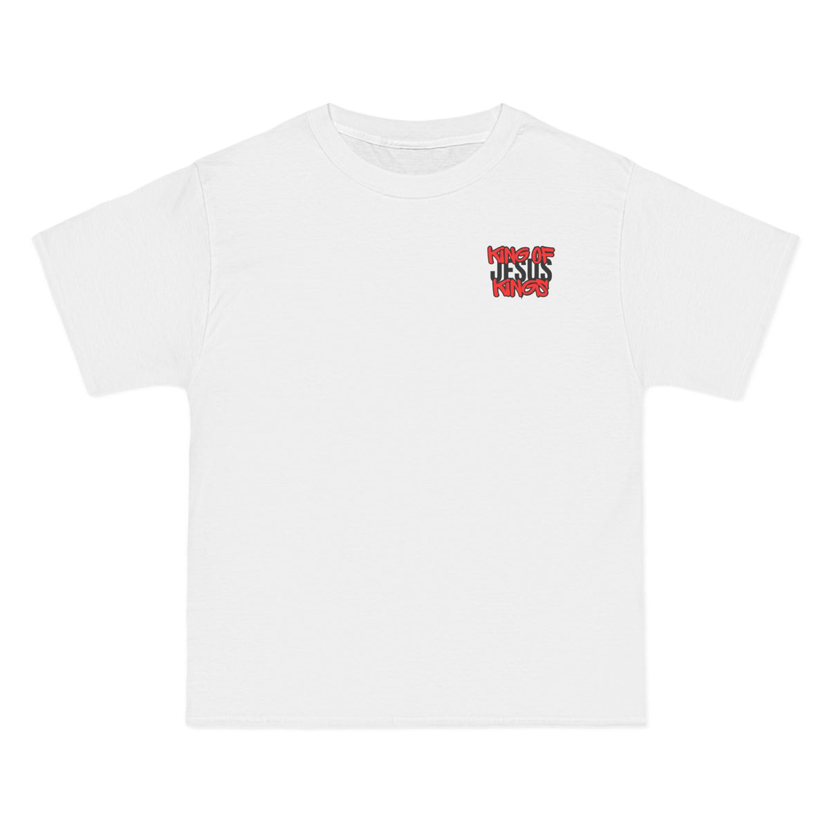 Oversized white T-shirt with small red and white chest graphic, crew neck
