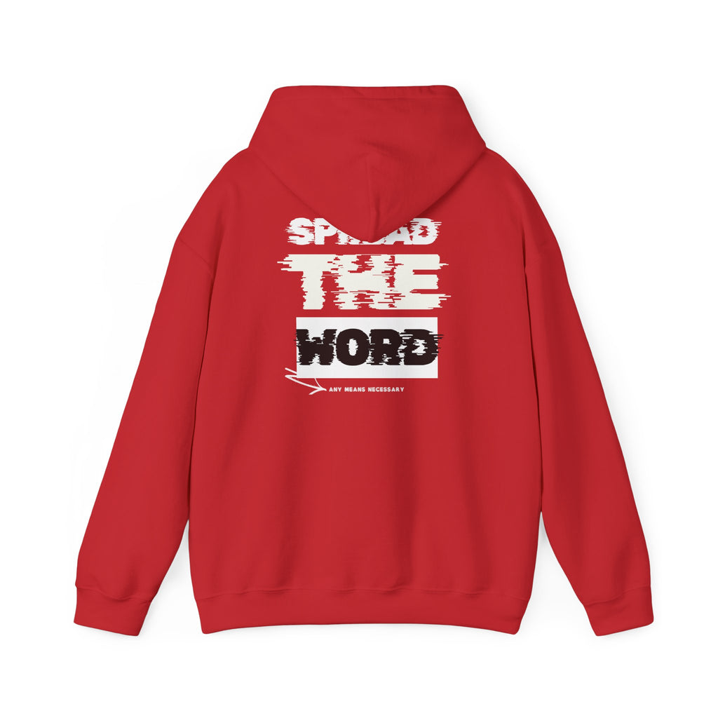 Red hoodie with 'SPREAD THE WORLD' graphic print on back, pullover hood.