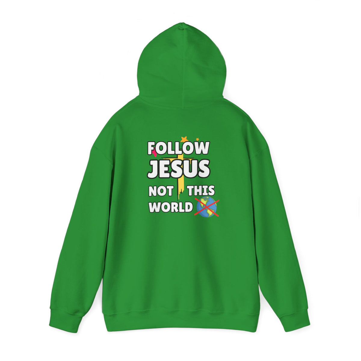 Green hoodie with 'Follow Jesus' back print