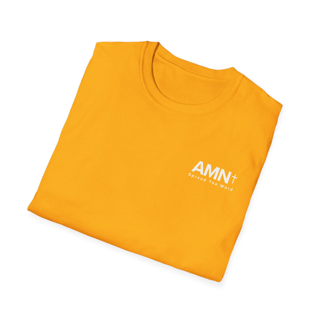 Mustard yellow T-shirt with small AMN+ logo on the chest