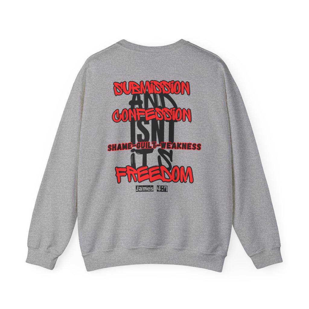 Grey crewneck sweater with long sleeves and text graphic on back