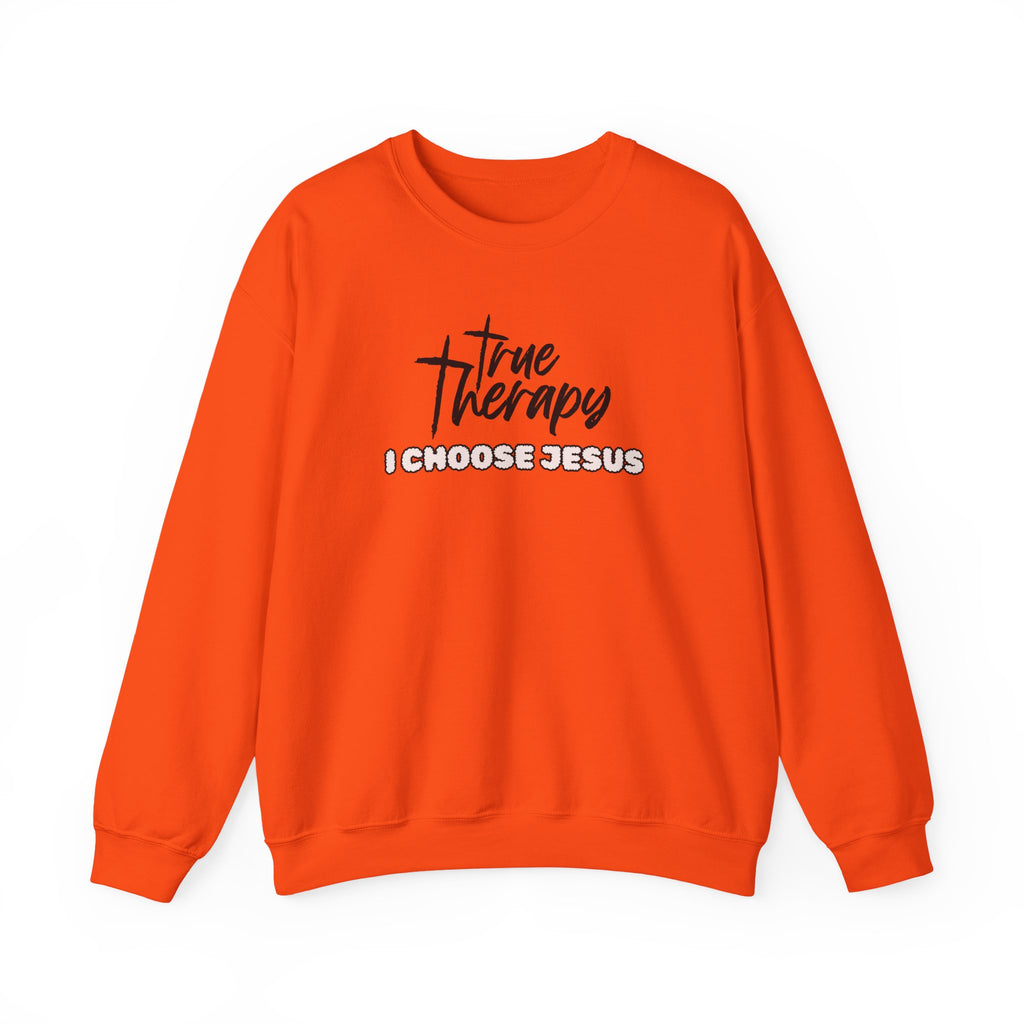 Orange crewneck sweater with long sleeves and front graphic print