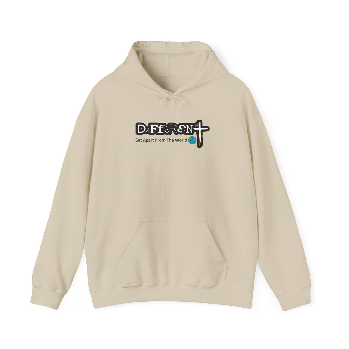 Light tan hoodie with drawstring hood and chest “DiFfeR3Nt” logo print
