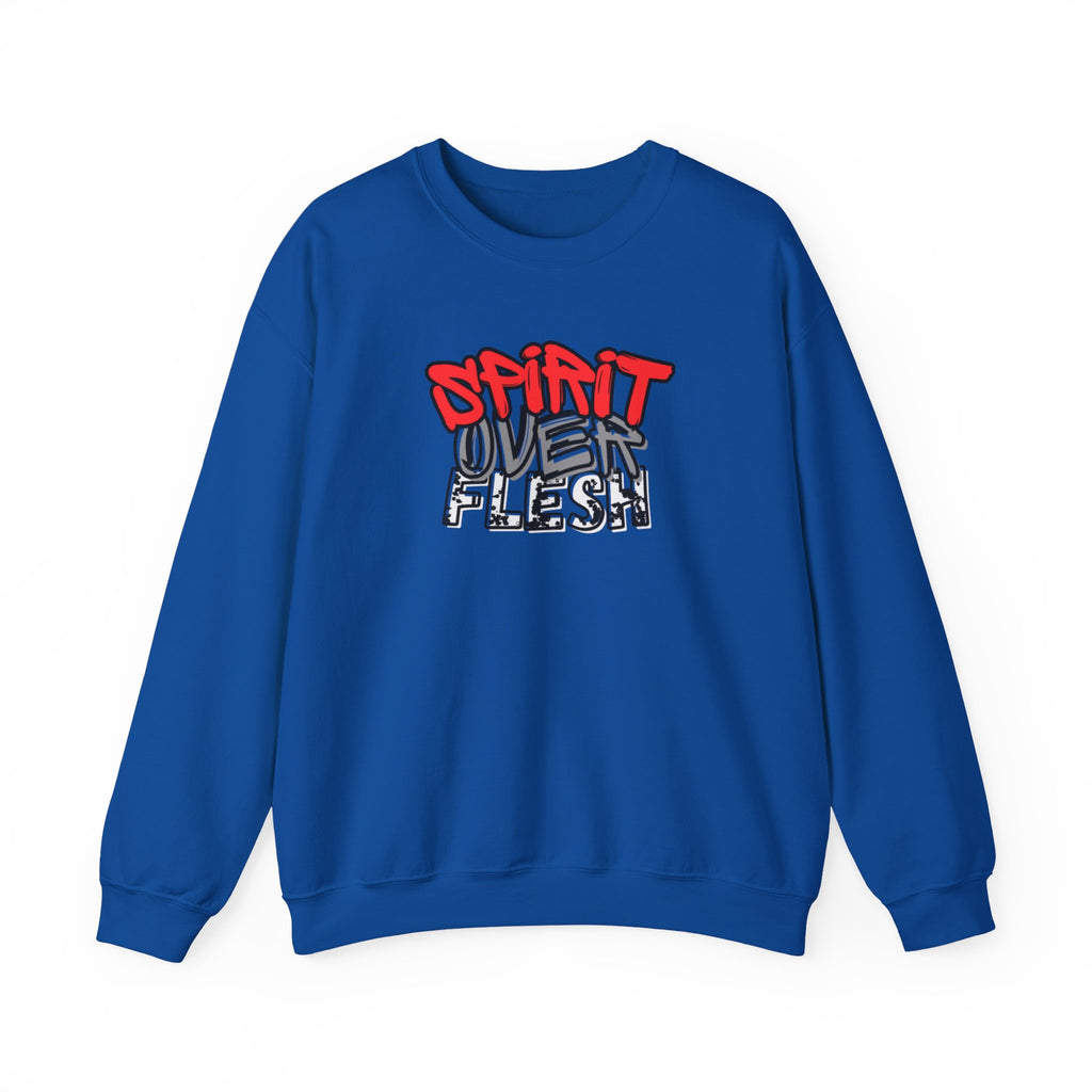 Royal blue crewneck sweater with red and white graphic logo on chest