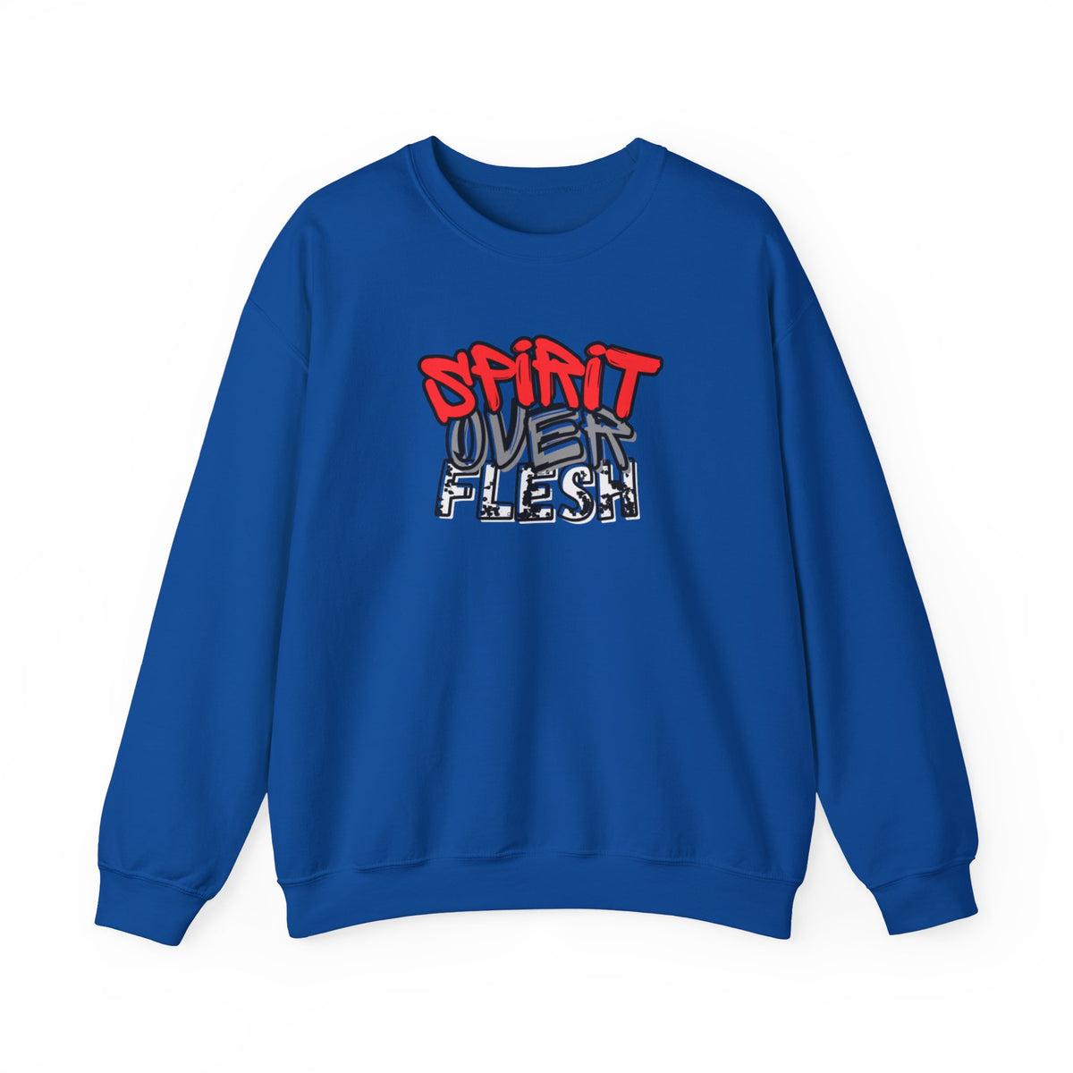 Royal blue crewneck sweater with red and white graphic logo on chest
