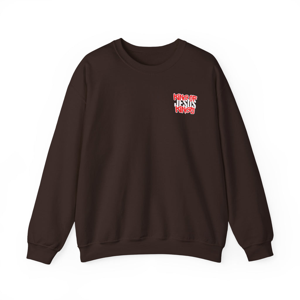 Dark brown crewneck sweater with small chest graphic text in red