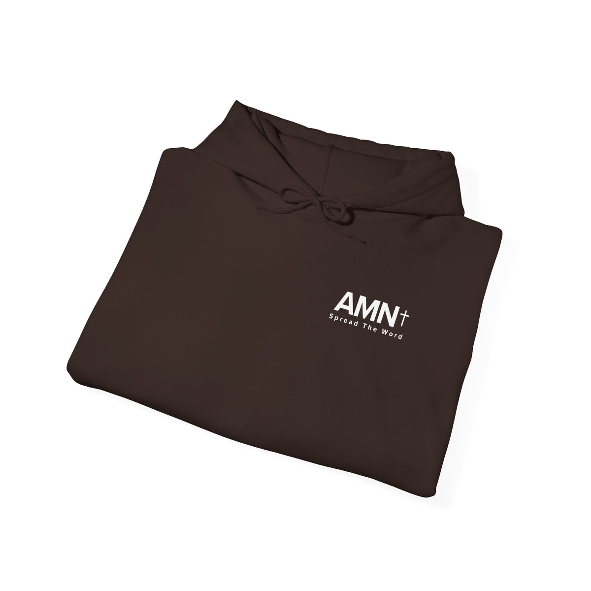 Dark brown pullover hoodie with AMN logo on front and hood drawstring