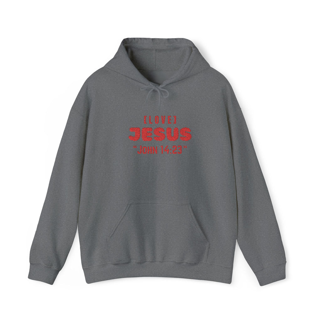 Gray hoodie with front pocket and red 'LOVE JESUS' text