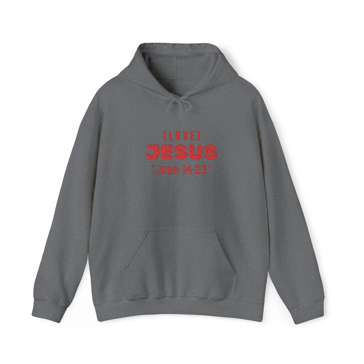 Gray hoodie with front pocket and red 'LOVE JESUS' text