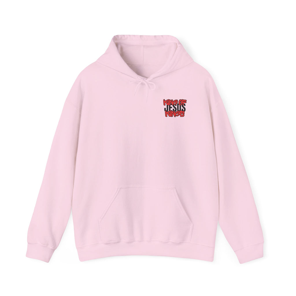 Pink hoodie with hood, front kangaroo pocket, and small chest logo