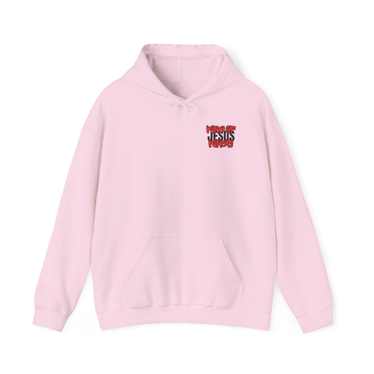 Pink hoodie with hood, front kangaroo pocket, and small chest logo