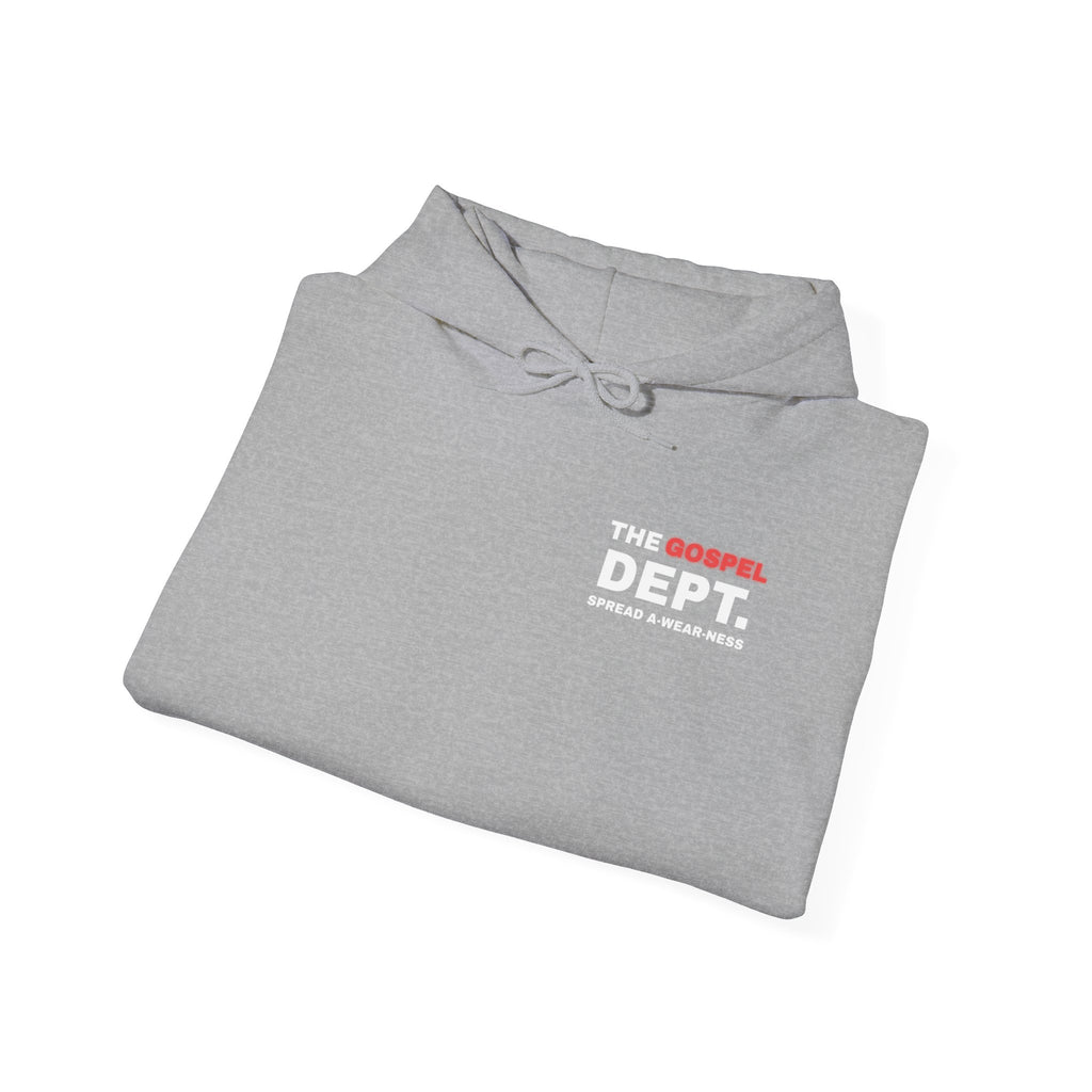 Gospel Dept. hoodie, heather gray, folded view with hood, pouch pocket, and logo print
