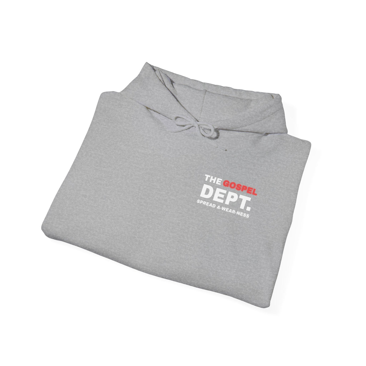 Gospel Dept. hoodie, heather gray, folded view with hood, pouch pocket, and logo print