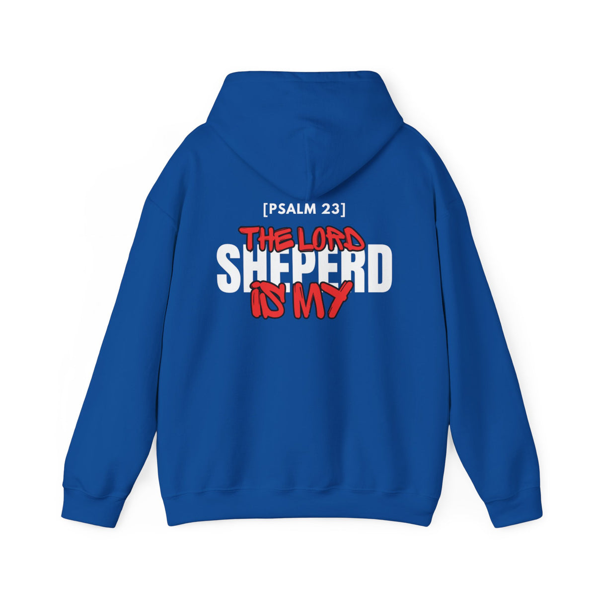 Blue hoodie with drawstring hood, kangaroo pocket, and bold colorful front text graphic
