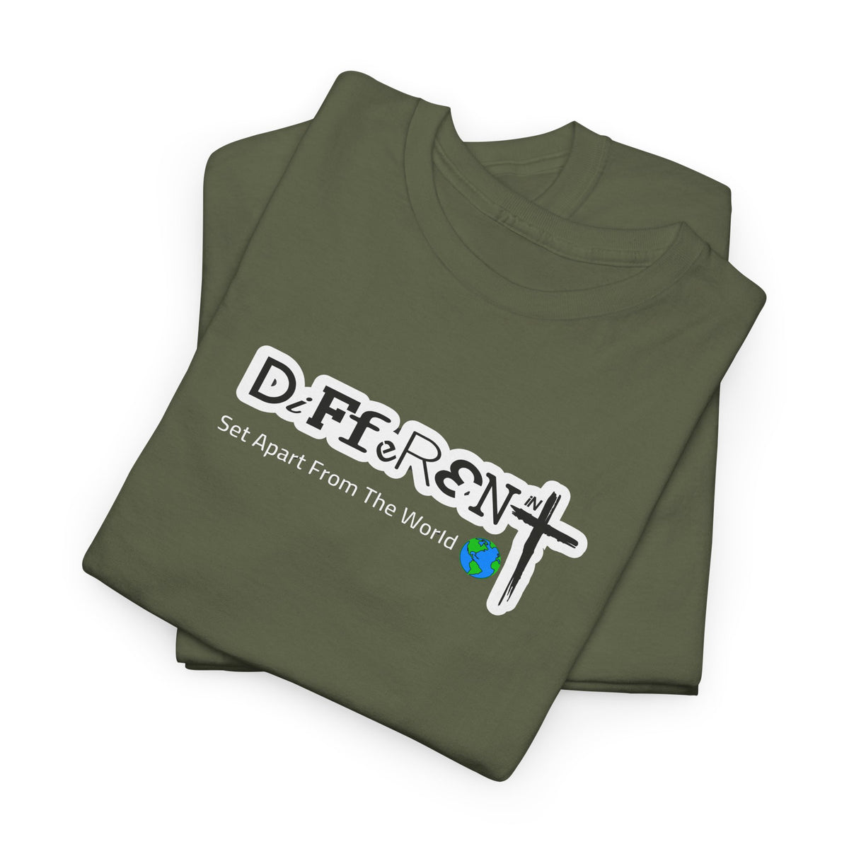 Olive green T-shirt with DiFfeR3Nt front graphic and globe icon