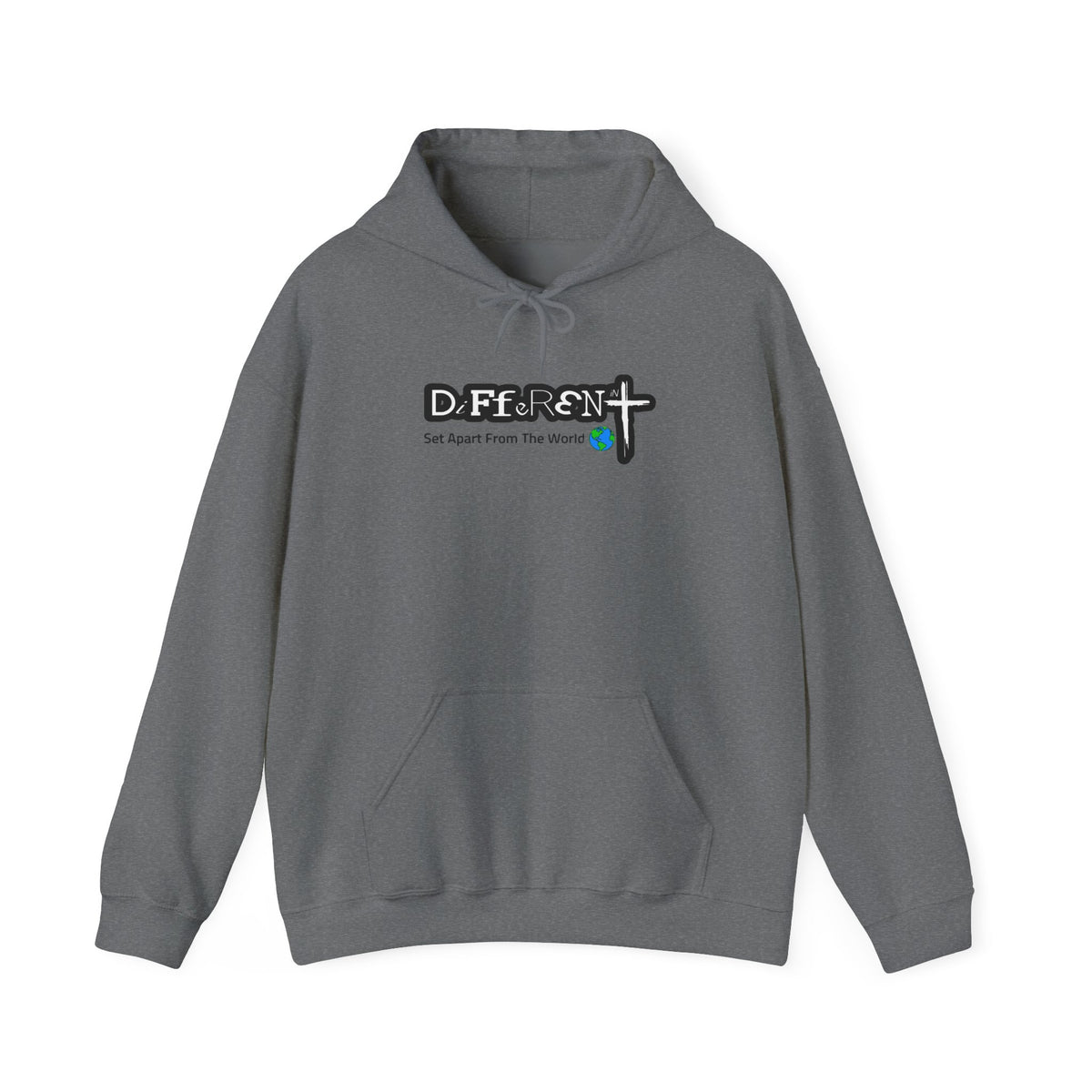 Heather gray hoodie with front hood and kangaroo pocket, logo graphic on chest